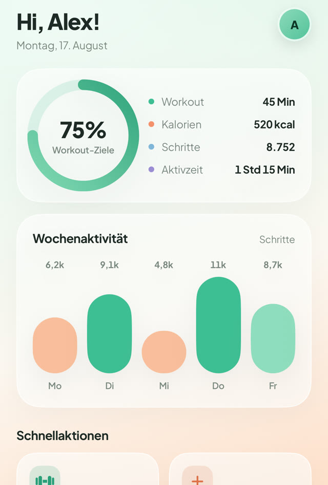 Die Tagesübersicht in Cosymo: Fortschrittsring mit 75 Prozent, Workout, Kalorien, Schritte und ein Balkendiagramm der Woche.